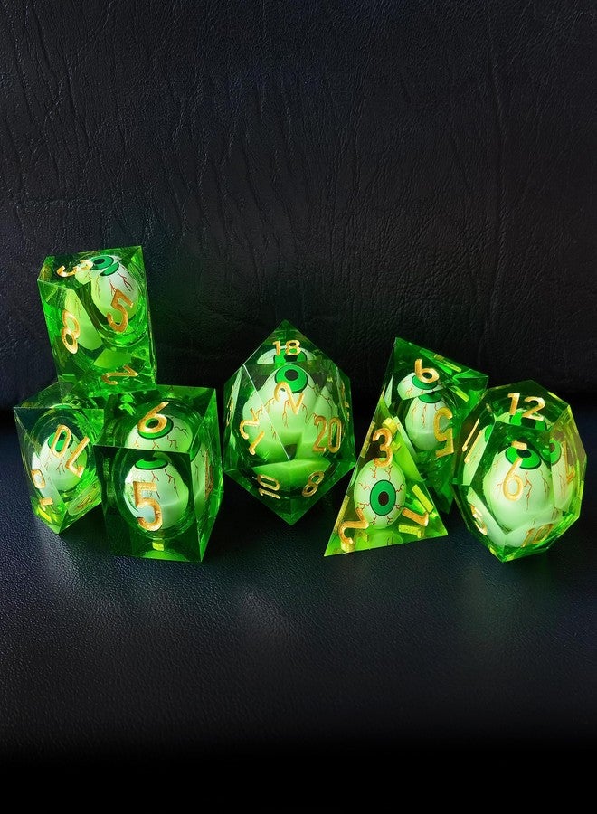 BESCON DICE Sharp Edged Liquid Core Rolling Eyeball Polyhedral Dice Set - Razor Edge Polyhedral Dice with Rolling Eyeball Inside (7pcs RPG Dice Set with Green Eye) - Image 5